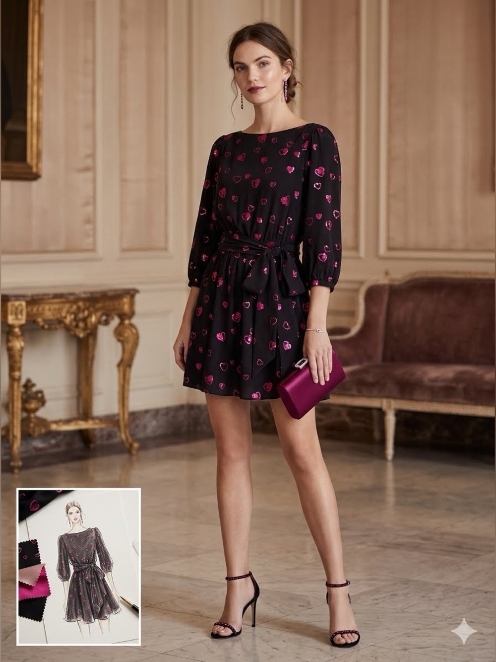 Halston Sequin Heart print silk Dress